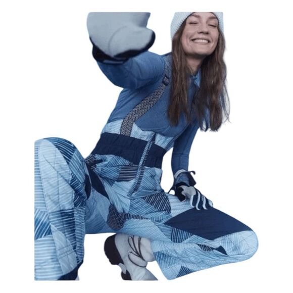 Free People FP Movement Indigo Patch Printed All Prepped Bib Overalls Blue White - Picture 2 of 15